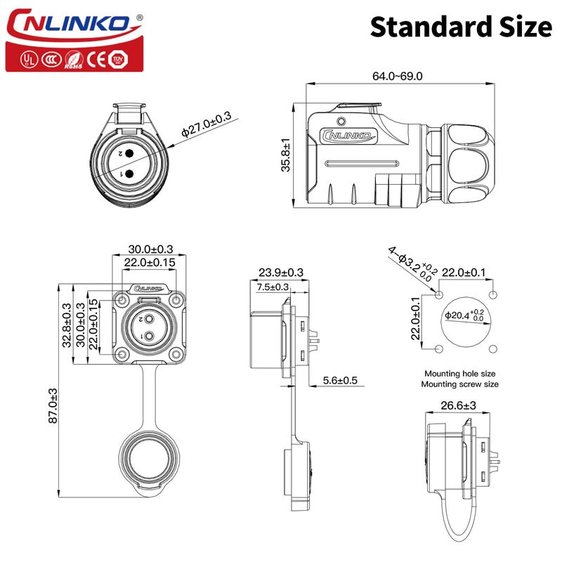 CNLINKO LP20 Series Waterproof Connector, IP68 Power Connector 4pin 20A 500V M20 LED Connector, UL CE Rohs Approved (4 pin) - Image 4